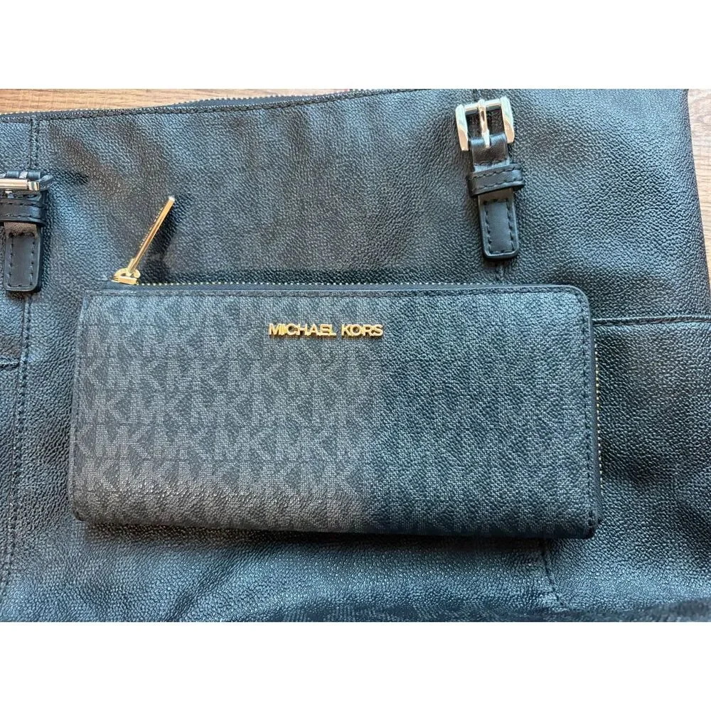 Michael Kors Black Signature Jet Set Top-Zip Tote & Wallet Bundle EUC